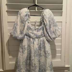 Blue and White Floral Dress with Puff Sleeves